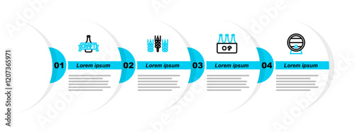 Set line Wooden barrel on rack, Pack of beer bottles, Wheat and Beer icon. Vector