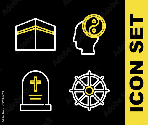 Set line Yin Yang, Dharma wheel, Tombstone with cross and Kaaba mosque icon. Vector