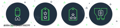 Set line Military rank, Rocket launcher and Binoculars icon. Vector