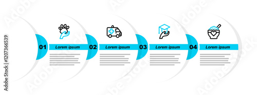 Set line Donation food, Education grant, Ambulance car and Animal volunteer icon. Vector