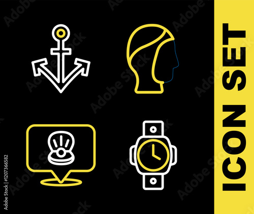 Set line Diving hood, watch, Scallop sea shell and Anchor icon. Vector