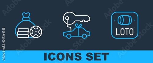Set line Lottery ticket, Money bag and Car gift icon. Vector