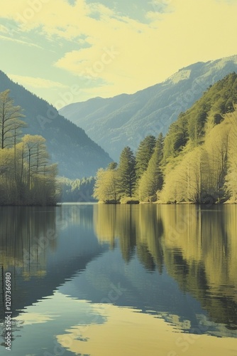 A serene nature scene featuring a tranquil lake perfectly reflecting lush green mountains and surrounding trees. The slopes are covered in dense forests, and the clear sky with a few clouds adds to th