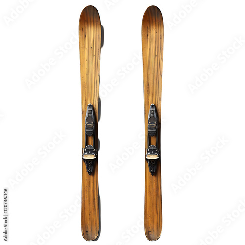 Pair of vintage wooden skis with bindings.