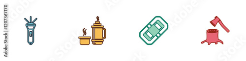 Set Flashlight, Thermos container, Rafting boat and Wooden axe stump icon. Vector
