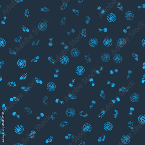 Set Shopping cart with marijuana, Test tube, Legalize and Medical pills on seamless pattern. Vector