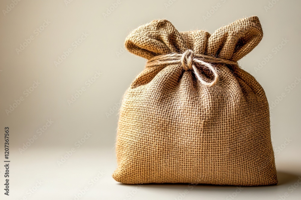Small burlap sack tied with twine. Small burlap sack tied with twine.