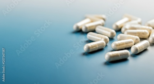 White capsules scattered on a blue background, representing health and wellness