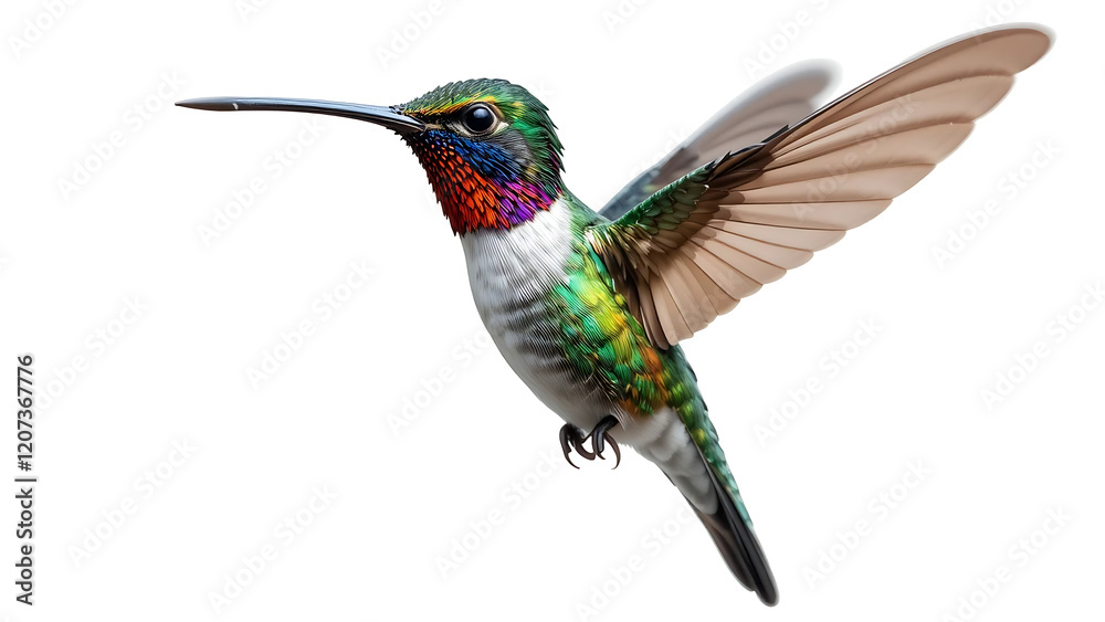 Fototapeta premium Hummingbird in flight, showcasing its colorful plumage.