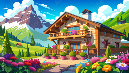 Beautiful summer day with flowers on the balcony of a traditional alpine house in the Alps