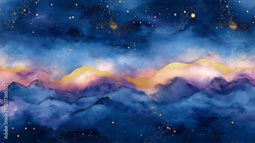 A cosmic-inspired watercolor design with ethereal hues of deep blue, purple, and gold. The pattern features soft gradients, splashes of color, and subtle star-like details, evoking a dreamy