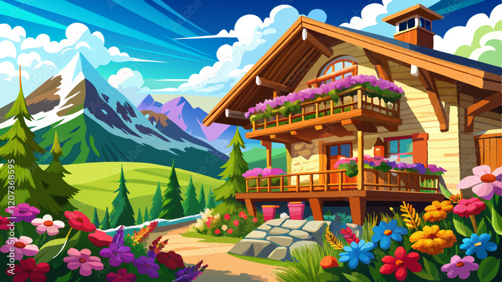 Fototapeta premium Beautiful summer day with flowers on the balcony of a traditional alpine house in the Alps