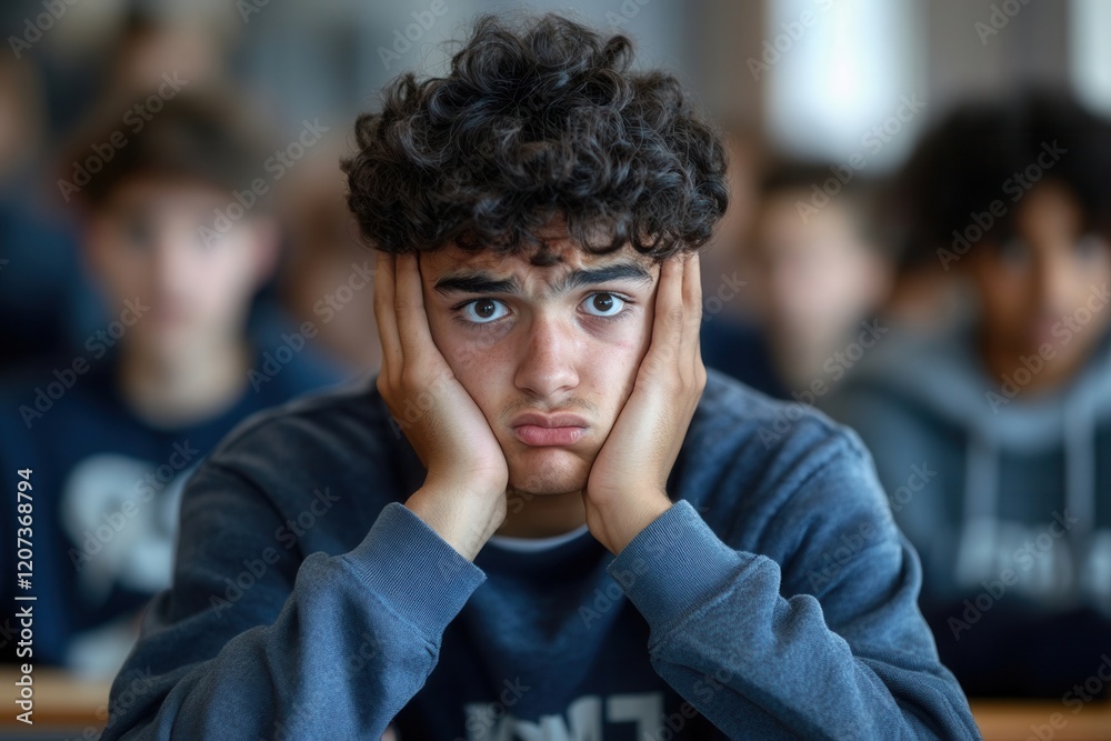 Bored student shows frustration in classroom setting. Bored student shows frustration in classroom setting.