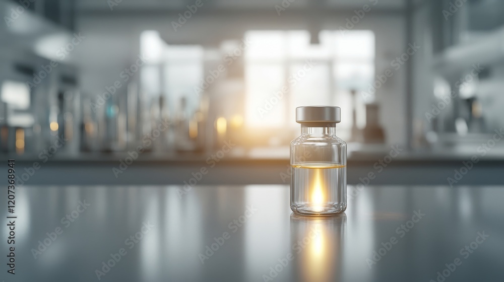 Glass vial with clear liquid on a laboratory table, illuminated by soft light against a blurred background of a modern research laboratory setting. Glass vial with clear liquid on a laboratory table, illuminated by soft light against a blurred background of a modern research laboratory setting.
