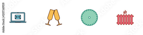Set Laptop with envelope, Glasses of champagne, Circular saw blade and Heating radiator icon. Vector