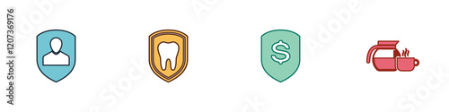 Set User protection, Dental, Shield and dollar and Coffee pot with cup icon. Vector