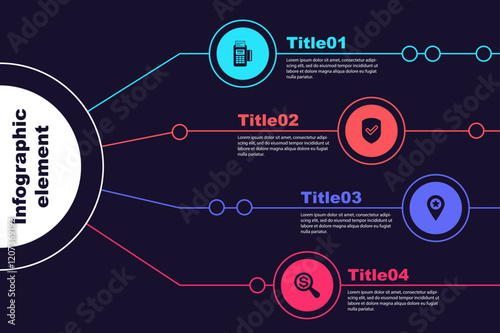 Set POS terminal, Shield with check mark, Location star and Magnifying glass and dollar. Business infographic template. Vector