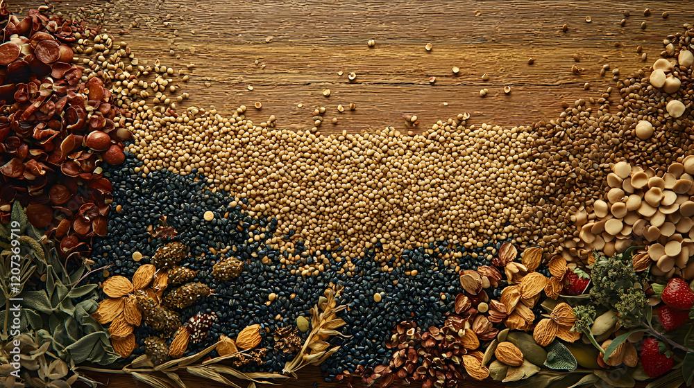 Obraz premium vibrant flat lay of diverse superfoods and organic grains, including seeds, nuts, and berries, arranged on rustic wooden surface, showcasing rich variety of textures and colors