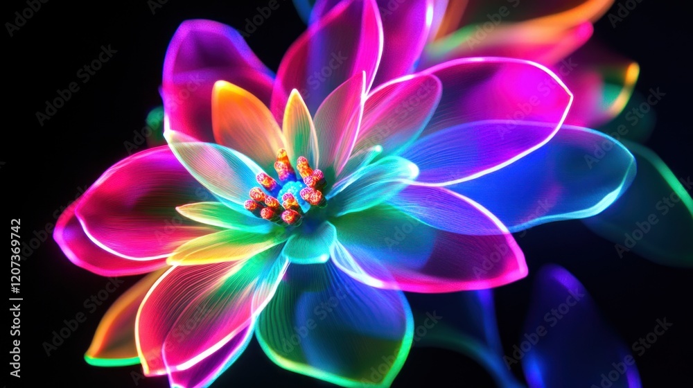 Fototapeta premium A blooming neon flower with multicolored glowing petals, including shades of pink, green, and blue, isolated on a clean black background for a stunning holiday vibe
