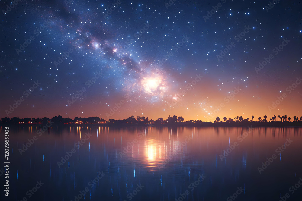 Fototapeta premium Magical Nightscape: City Lights Reflected in a Tranquil Lake Under a Starry Sky