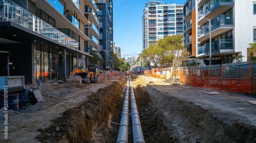 A civil construction site in a modern Australian city showing a narrow trench for underground pipelines, with nearby commercial and residential buildings, captured in vivid detail.