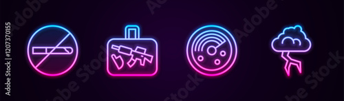 Set line No Smoking, Suitcase, Radar with targets on monitor and Storm. Glowing neon icon. Vector