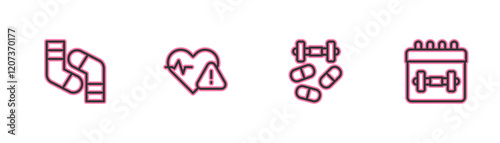 Set line Socks, Sports doping with dumbbell, Heart rate and Calendar fitness icon. Vector