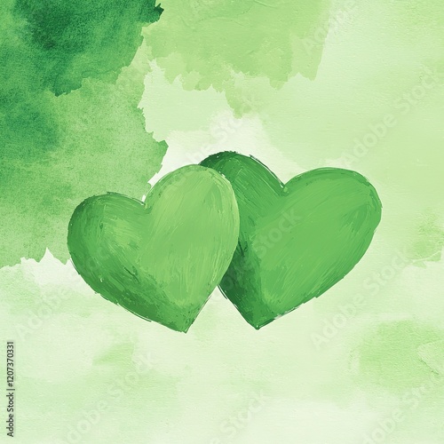 Two green hearts are illustrated against a soft green watercolor background, symbolizing love and harmony.