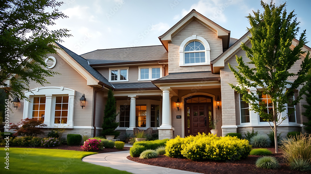 Luxury Home Exterior: Dream House Design and Architecture. Modern Brick Mansion with Landscaping and Garden. Beautiful Suburban Residence and Real Estate Property Luxury Home Exterior: Dream House Design and Architecture. Modern Brick Mansion with Landscaping and Garden. Beautiful Suburban Residence and Real Estate Property