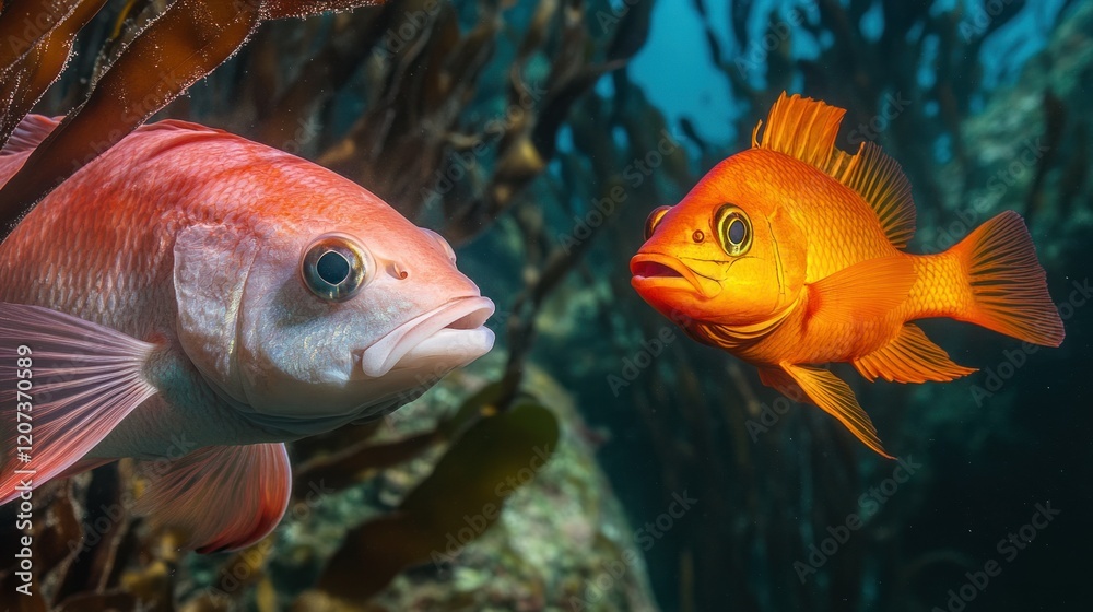 Naklejka premium A close-up of a female sheephead fish (Semicossyphus pulcher) interacting with a vibrant orange garibaldi fish in the lush kelp forest off Santa Barbara Island, captured in sharp 4K detail.