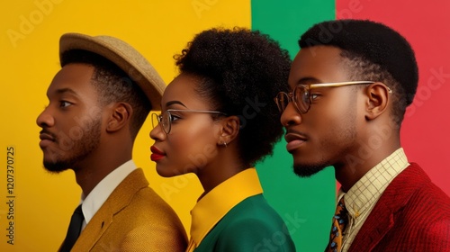 National black history month celebration, Diverse, Unity. Portrait of African American People in Vibrant Red, Yellow, Green. photo