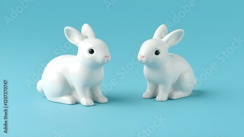 3d illustration of two cute white ceramic rabbit decorations. Animal characters isolated on blue background. Generative AI photo