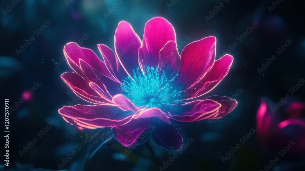 A close-up of a neon flower with bright magenta petals and glowing turquoise accents, surrounded by a soft halo of light on a dark background. A close-up of a neon flower with bright magenta petals and glowing turquoise accents, surrounded by a soft halo of light on a dark background.