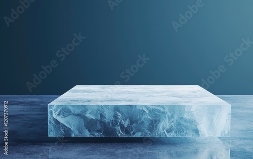 Modern icy platform with realistic frosted textures, illuminated in a soft blue tone for a cold and elegant presentation backdrop photo