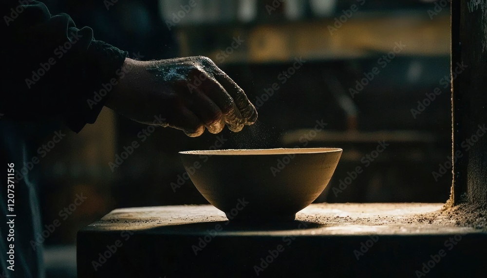 A potter adding clay to a bowl during creation A potter adding clay to a bowl during creation