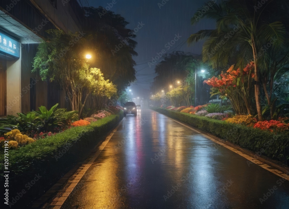 A rainy nighttime street adorned with a sign that says tropicana on it A rainy nighttime street adorned with a sign that says tropicana on it