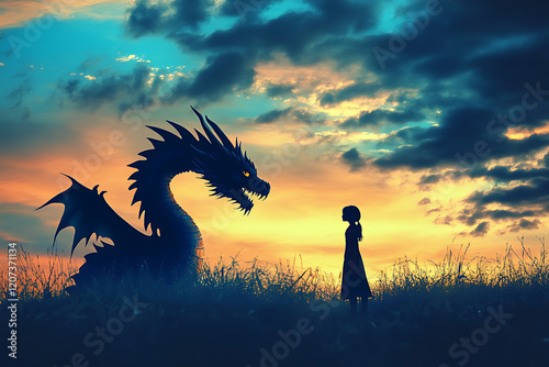 A silhouette of a girl standing before a majestic dragon at sunset in a serene landscape
