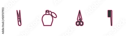 Set line Eyebrow tweezers, Scissors, Perfume and Hairbrush icon. Vector
