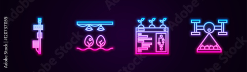 Set line Standalone sensor, Smart farm with bulb plant, farming technology and drone. Glowing neon icon. Vector