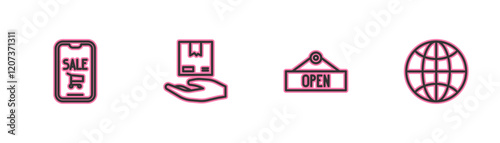 Set line Mobile phone and shopping cart, Hanging sign with Open, Delivery hand boxes and Worldwide icon. Vector