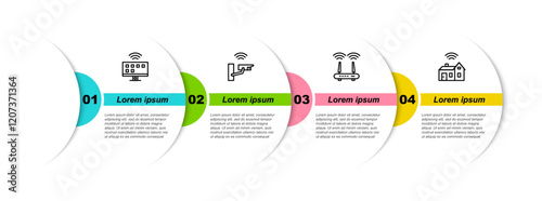 Set line Smart Tv system, security camera, Router and wi-fi signal and home with wireless. Business infographic template. Vector
