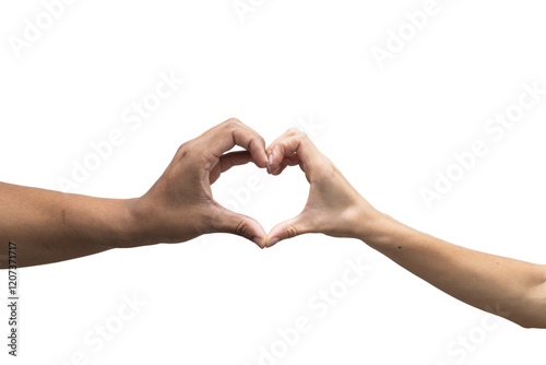 two hands making heart - Hands forming a heart, symbolizing love and care. Isolated on white background, with close-up of fingers showing a romantic gesture.