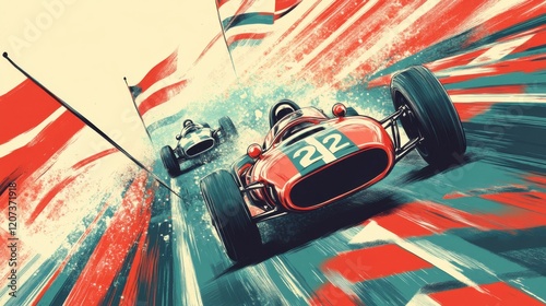 Vintage-style poster of a motor racing event with checkered flags, vintage cars, and bold retro fonts.