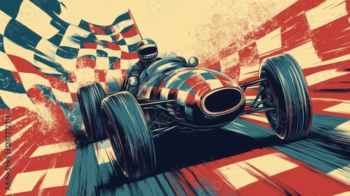 Vintage-style poster of a motor racing event with checkered flags, vintage cars, and bold retro fonts.
