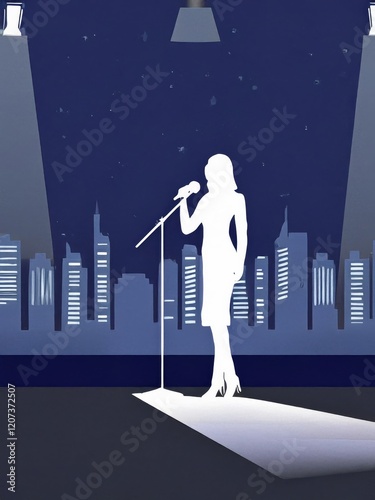 Singer performing on stage with city skyline at night