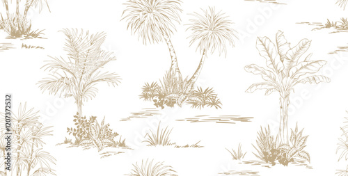 Seamless pattern with palm trees. Landscape sketches. Toile de Jouy style. Hand drawn vector illustration.