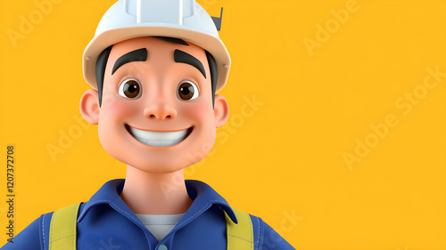 3D illustration of smiling happy constructer. Cartoon close up portrait of standing man on yellow background. 3D Avatar for ui ux. Generative AI photo