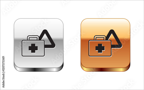 Black First aid kit and warning triangle icon isolated on white background. Must be in the car. Silver and gold square buttons. Vector