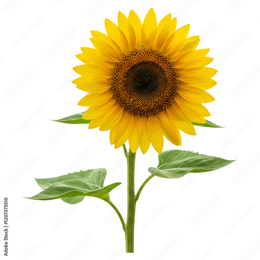 Obraz premium Realistic Sunflower with Detailed Stem and Leaves, Isolated
