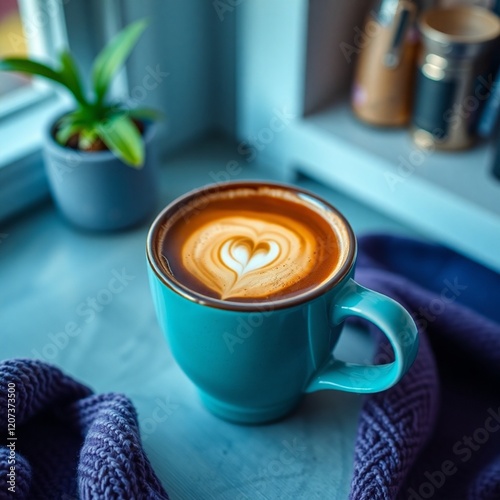 High-resolution stock photo a cup of coffee in a home setting, commercial quality.  Blues, greens, and purples dominate, creating a cool color palette.  Focus on detailed textures and realistic lighti